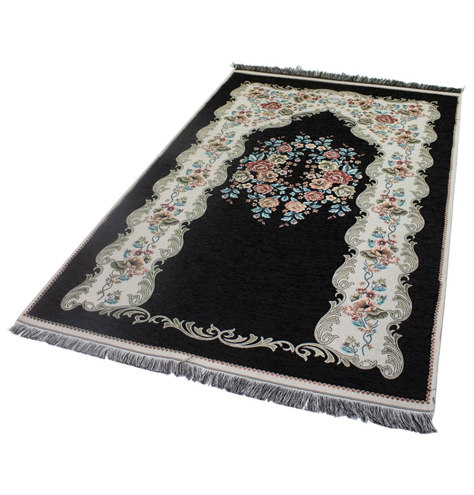 Modefa Prayer Rug Black Chenille Embroidered Floral Rose Islamic Prayer Mat - Black