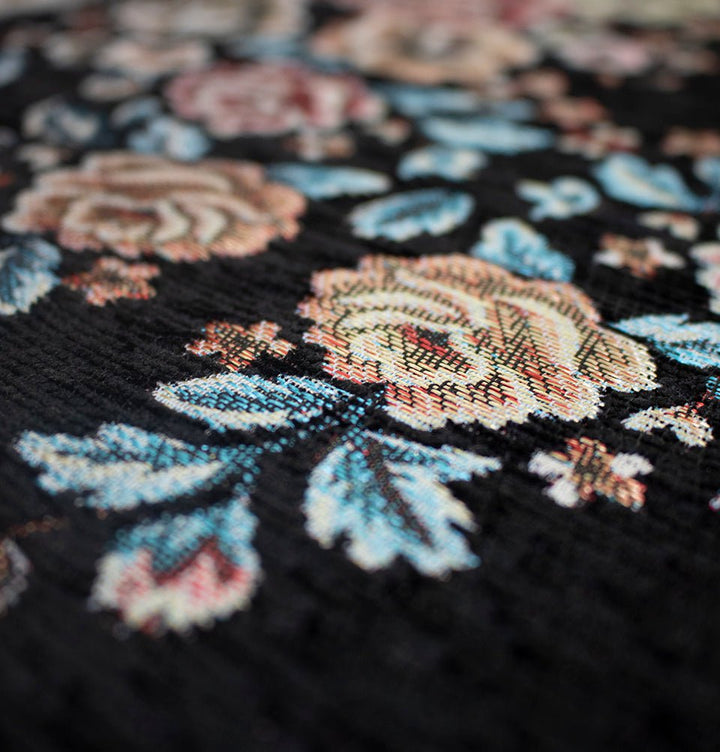 Chenille Embroidered Floral Rose Islamic Prayer Mat - Black
