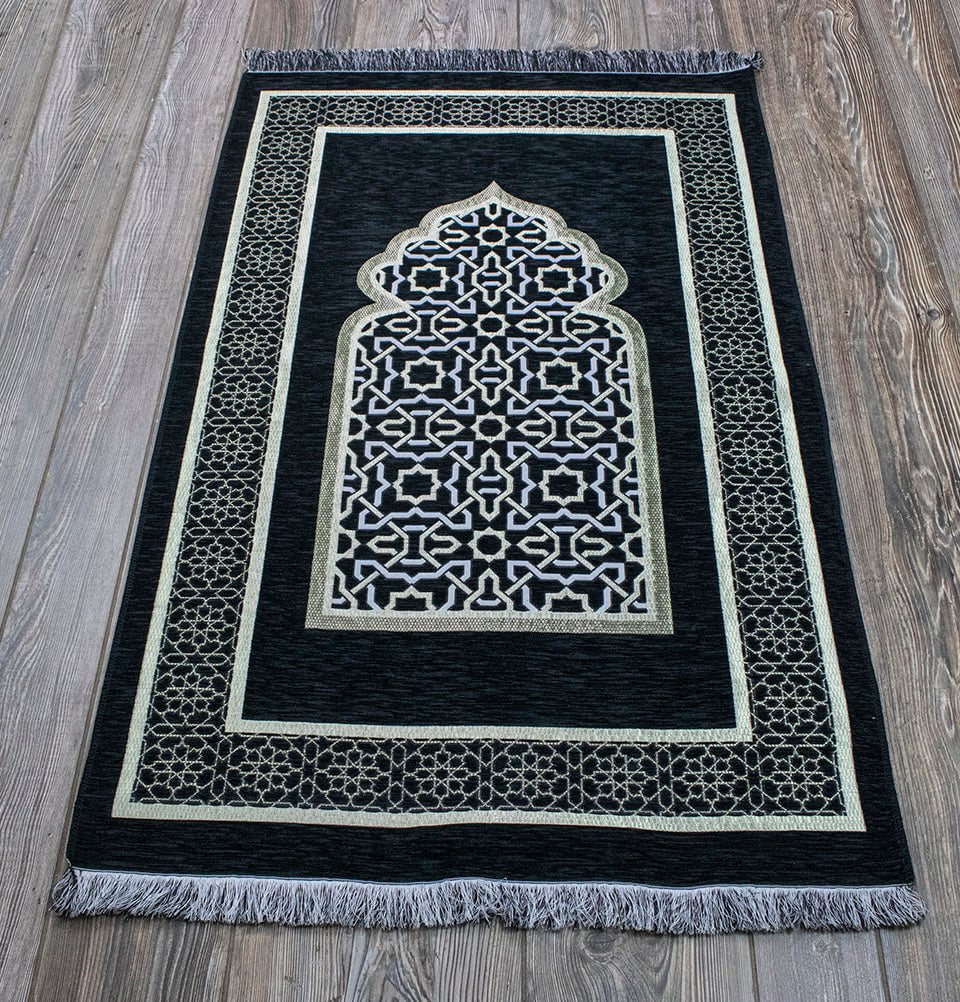 Modefa Prayer Rug Black Chenille Embroidered Islamic Prayer Mat Dynasty - Black