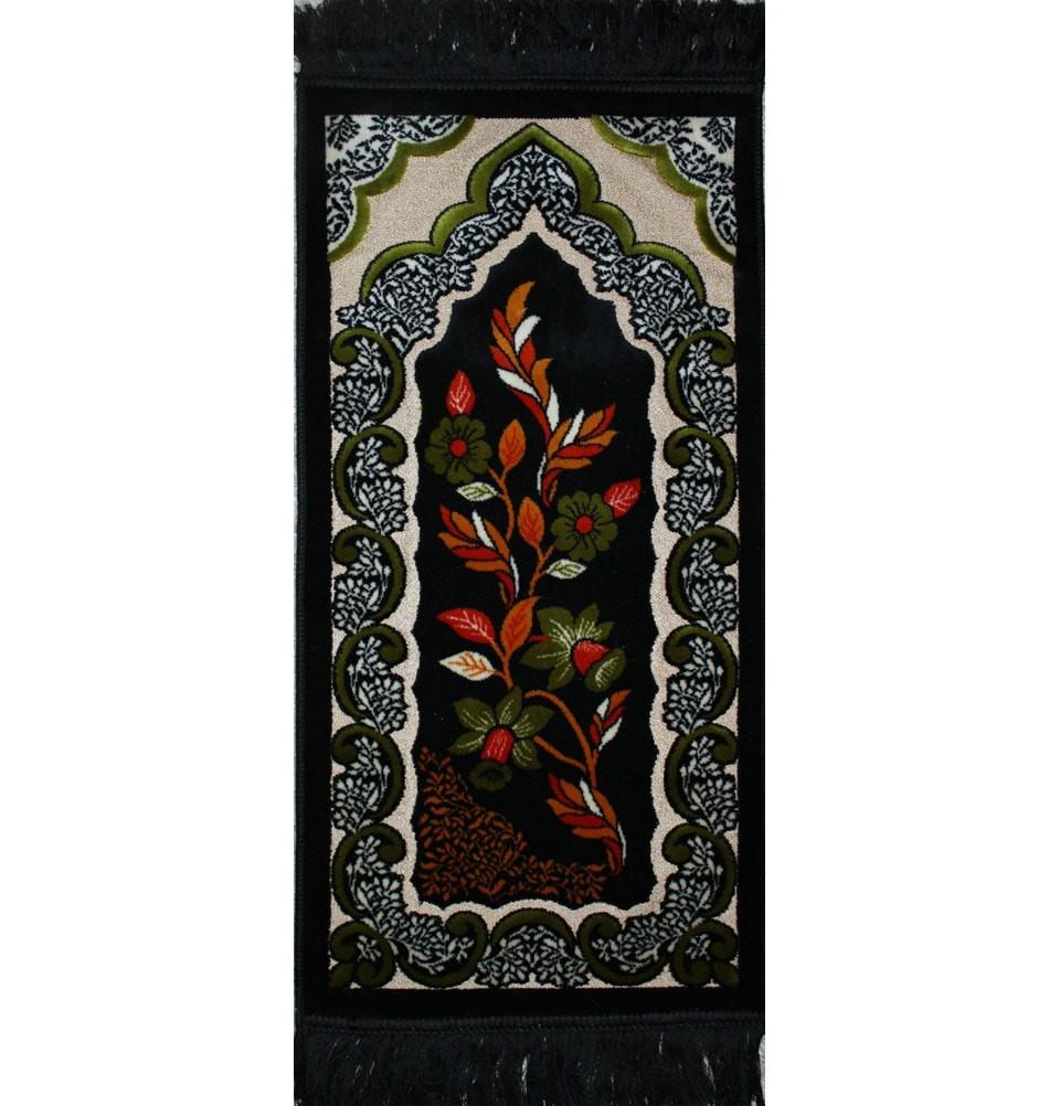 Child Velvet Floral Islamic Prayer Rug - Black