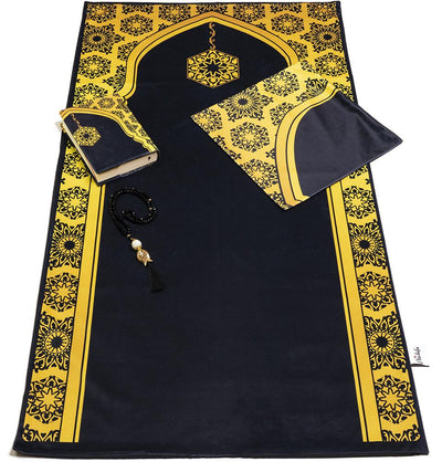 Modefa Prayer Rug Black/Gold Luxury Islamic Quran & Prayer Rug 4 Piece Gift Set - Black/Gold