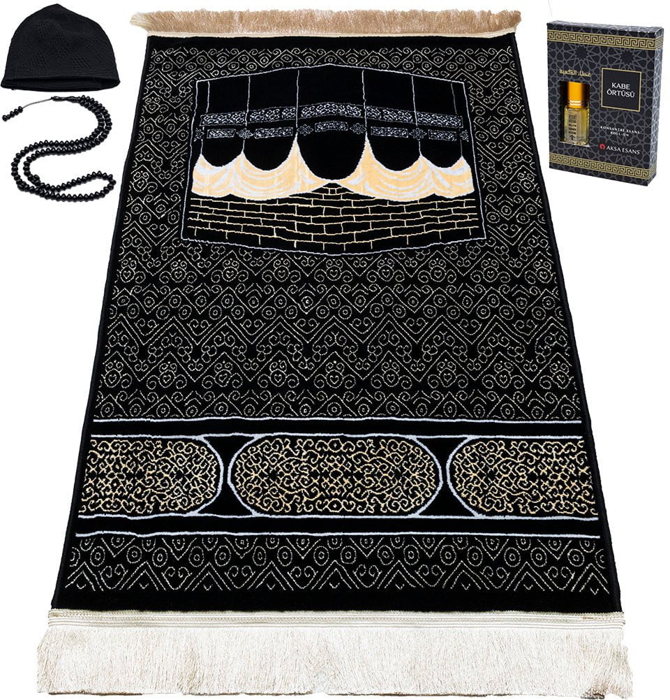 Muslim Rug Luxury Velvet Islamic Prayer Rug | Kaba Swirls - Black