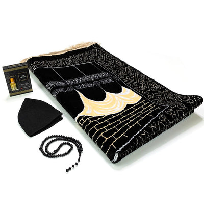 Modefa Prayer Rug Black Luxury Velvet Islamic Prayer Rug | Kaba Swirls - Black