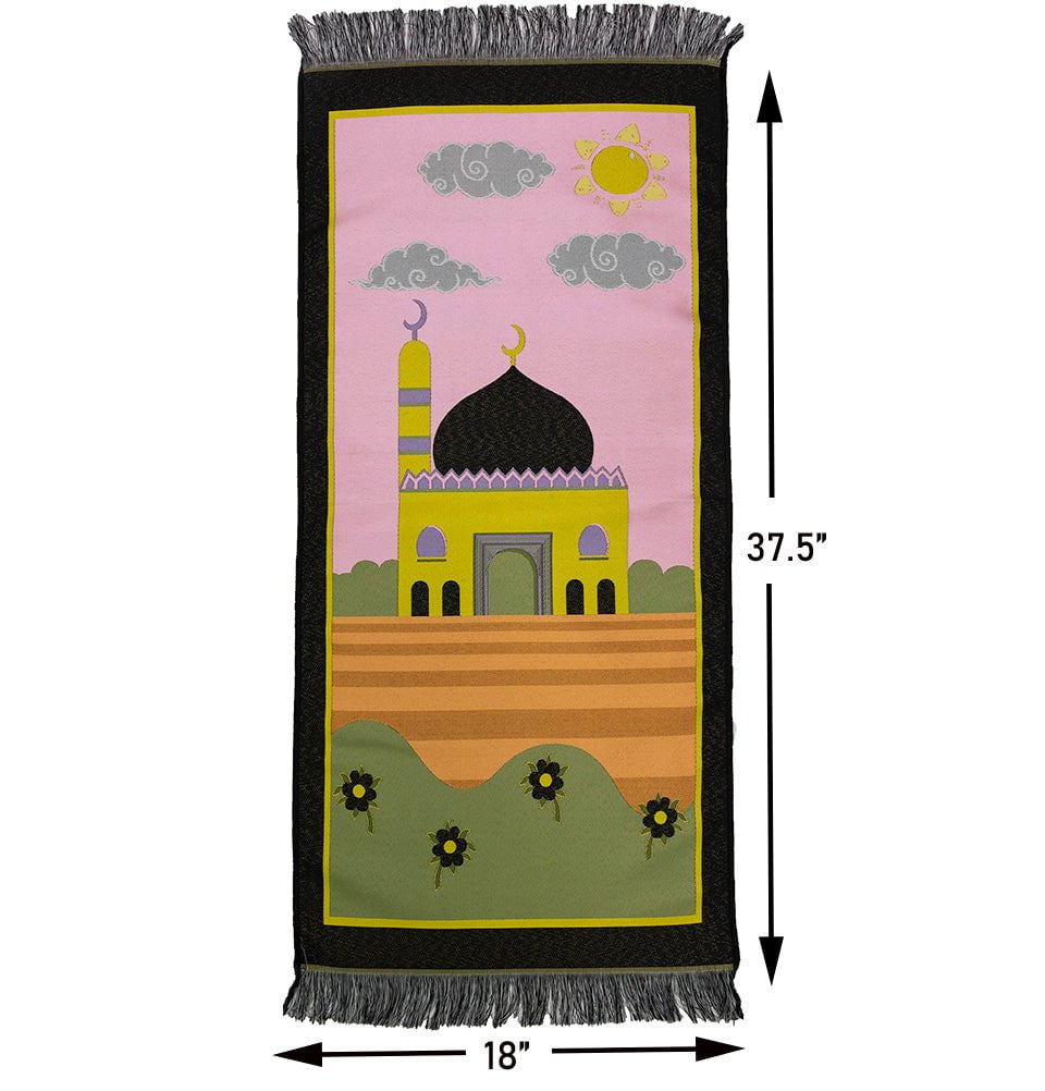Child Size Kids Islamic Prayer Rug | Floral Masjid - Black & Pink