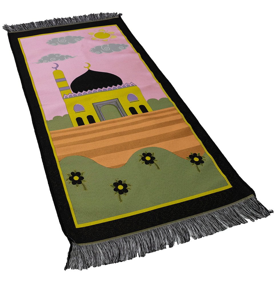Modefa Prayer Rug Black/Pink Child Size Islamic Prayer Rug | Floral Masjid - Black & Pink