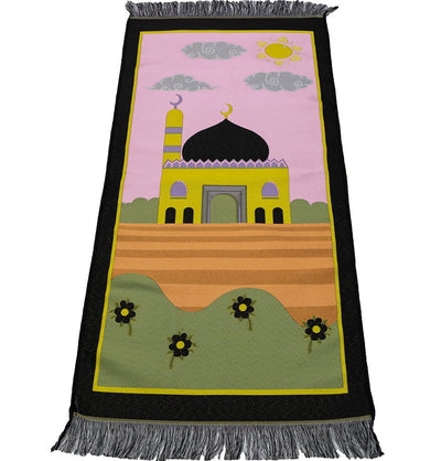 Modefa Prayer Rug Black/Pink Child Size Islamic Prayer Rug | Floral Masjid - Black & Pink