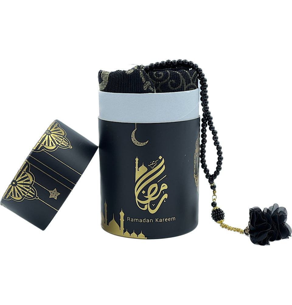 Modefa Prayer Rug Black Ramadan Kareem Cylinder Gift Box Set with Prayer Mat & Prayer Beads - Black
