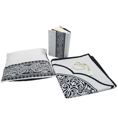 Modefa Prayer Rug Black/White Luxury Islamic Quran & Prayer Rug 4 Piece Gift Set - Black/White