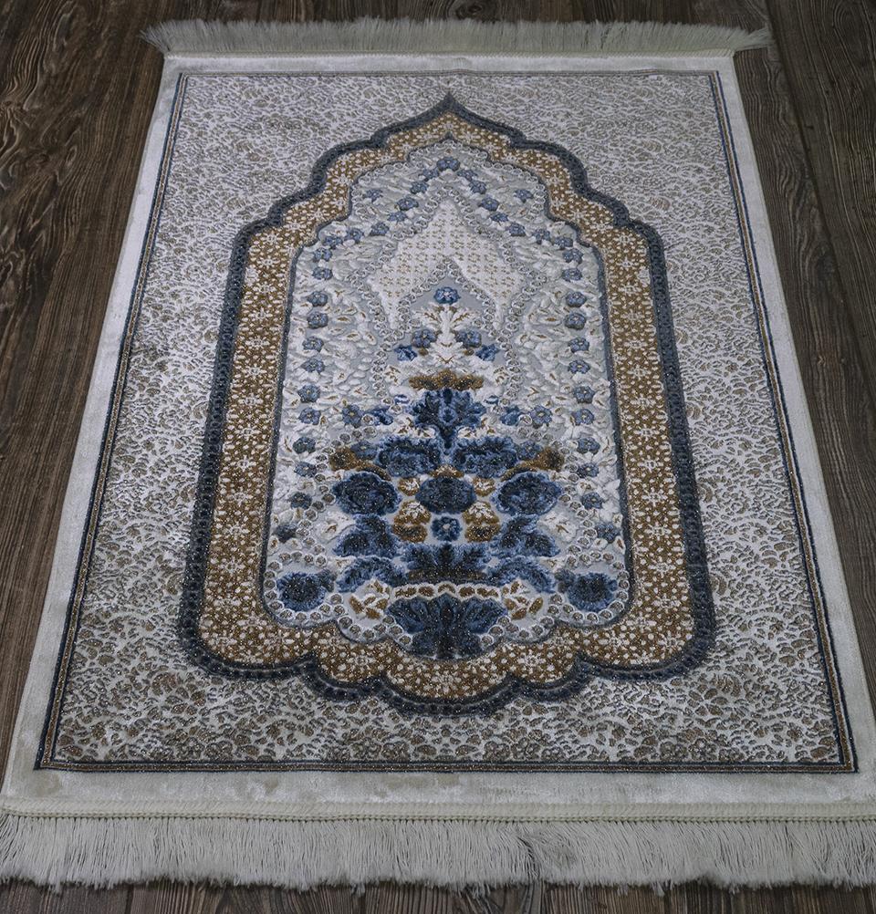 Modefa Prayer Rug Blue/Brown Luxury Velvet Islamic Prayer Rug | Winter Rose - Caramel Brown & Deep Blue
