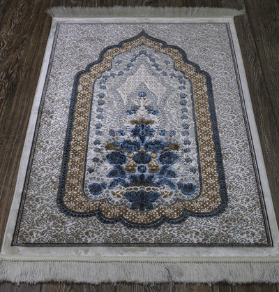 Modefa Prayer Rug Blue/Brown Luxury Velvet Islamic Prayer Rug | Winter Rose - Caramel Brown & Deep Blue