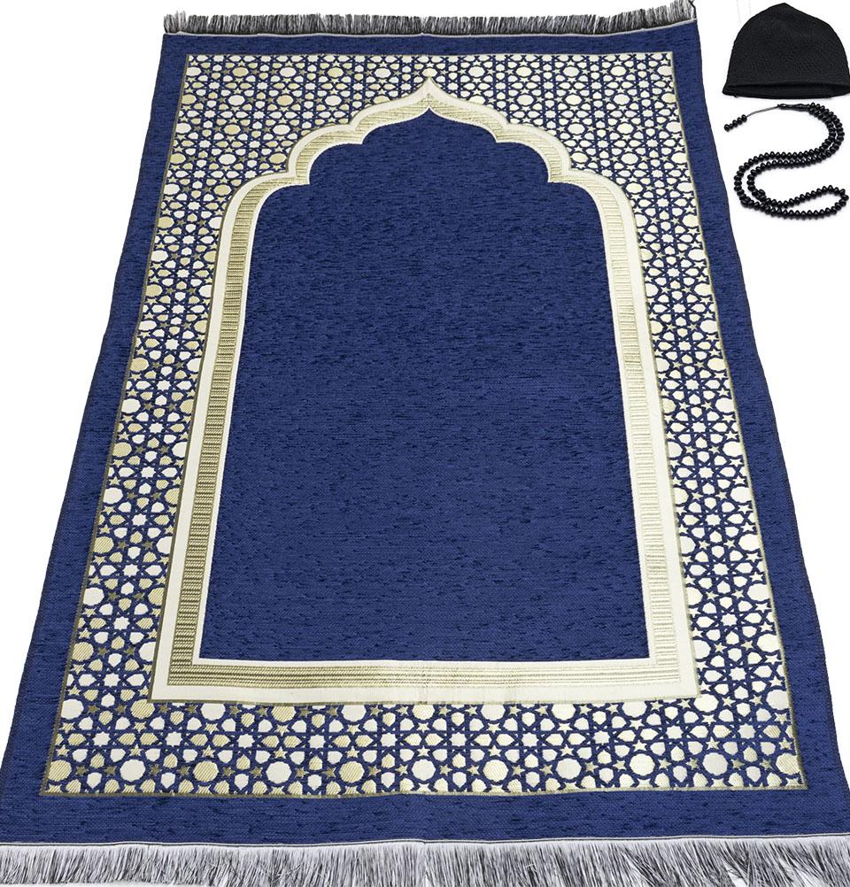 Modefa Prayer Rug Blue Chenille Embroidered Selcuk Star Islamic Prayer Mat - Blue
