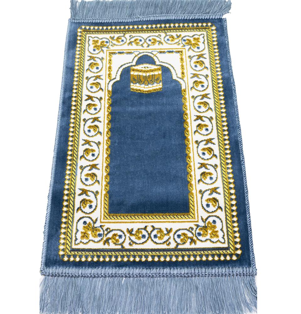 Modefa Prayer Rug Blue Child Velvet Islamic Prayer Rug | Vined Arch & Kaba - Blue