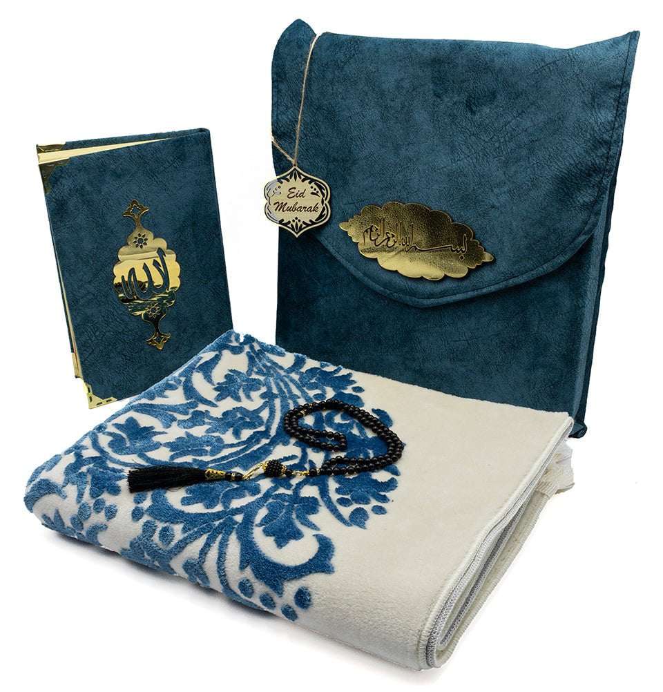 Modefa Prayer Rug Blue Eid Gift Set | 5 Piece Set with Prayer Rug & Quran - Blue