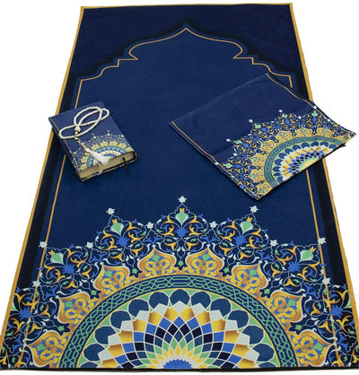 Modefa Prayer Rug Blue/Gold Luxury Islamic Quran & Prayer Rug 4 Piece Gift Set - Blue/Gold