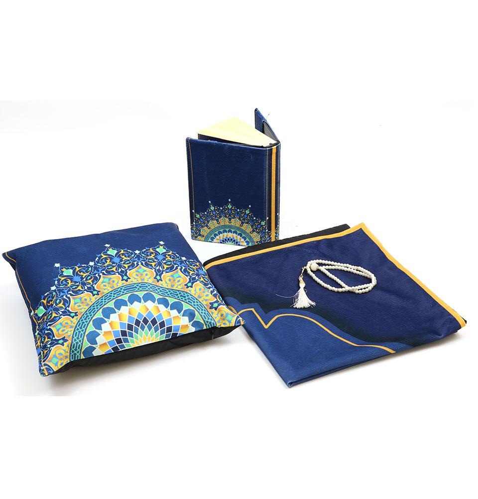 Modefa Prayer Rug Blue/Gold Luxury Islamic Quran & Prayer Rug 4 Piece Gift Set - Blue/Gold