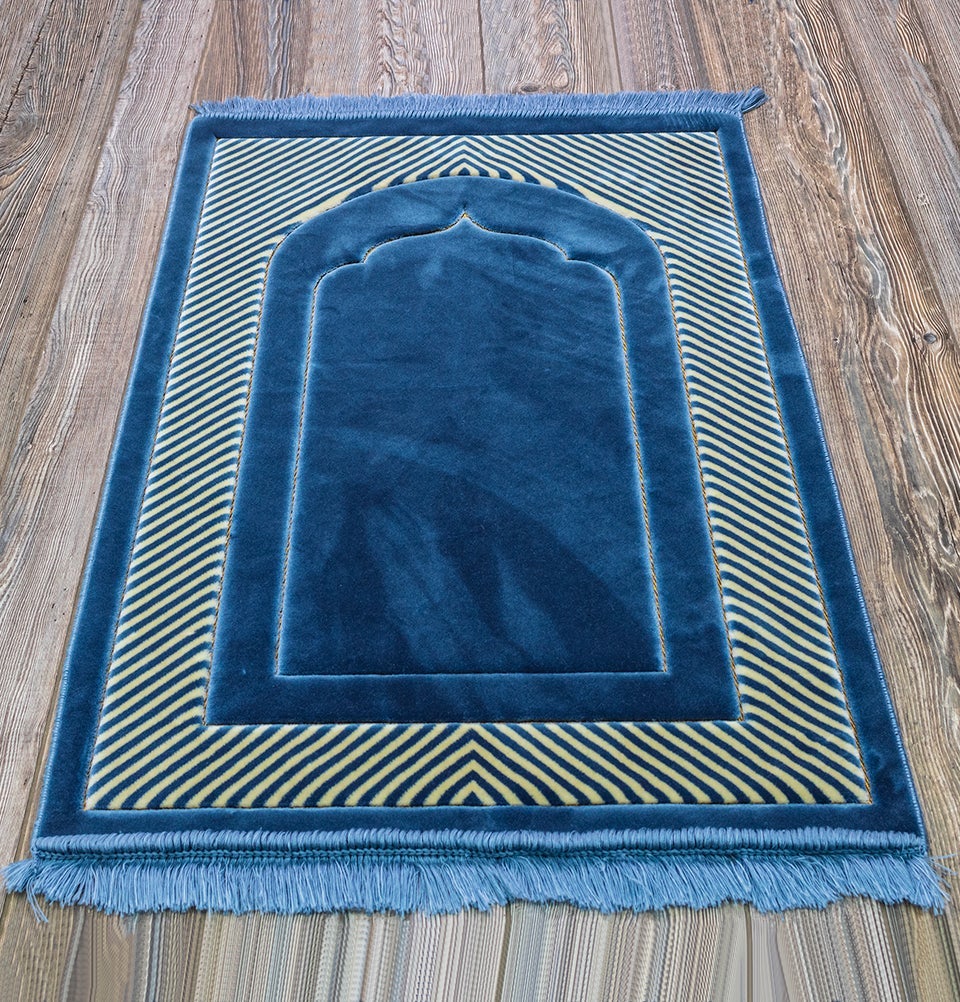 Modefa Prayer Rug Blue Lux Plush Velvet Islamic Prayer Rug - Striped Arch Blue