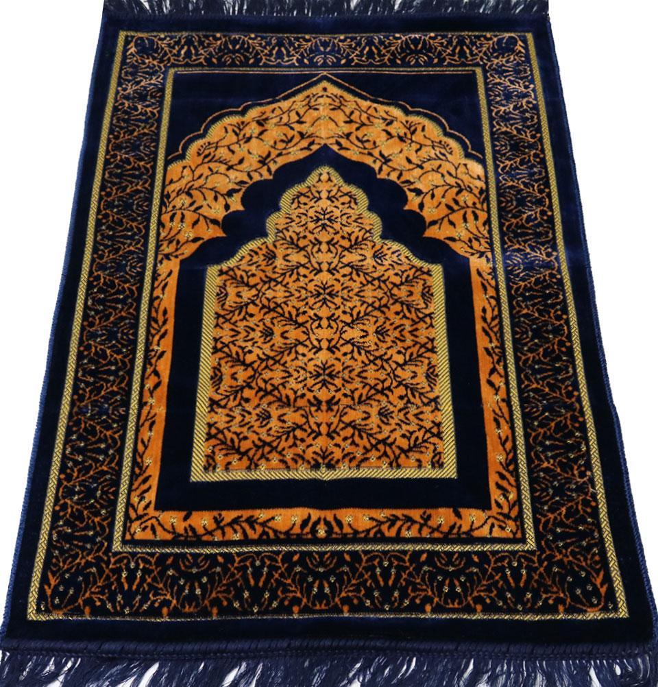 Velvet Vined Arch Islamic Prayer Rug - Blue/Orange