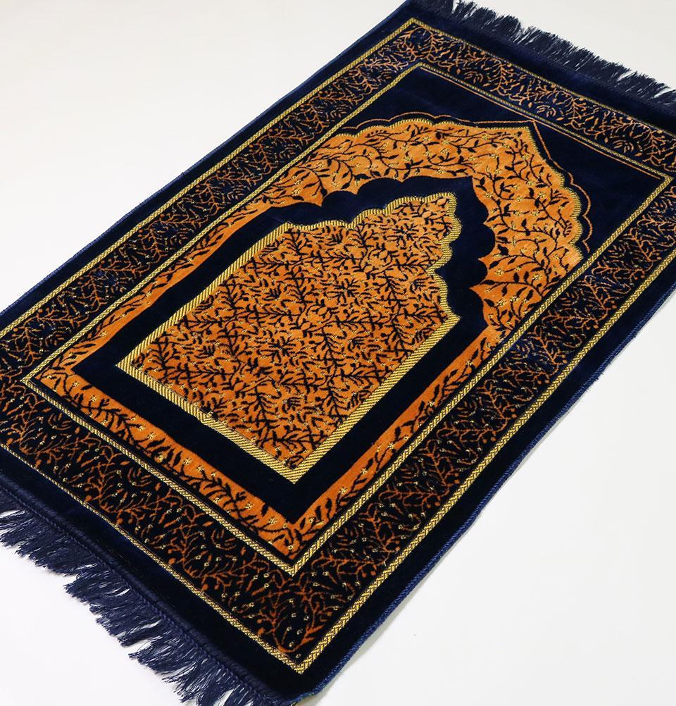 Velvet Vined Arch Islamic Prayer Rug - Blue/Orange