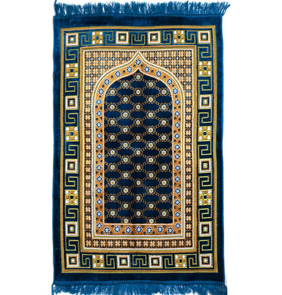 Modefa Prayer Rug Blue Velvet Islamic Prayer Rug Lattice - Blue / Orange