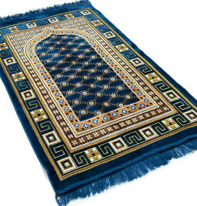 Modefa Prayer Rug Blue Velvet Islamic Prayer Rug Lattice - Blue / Orange