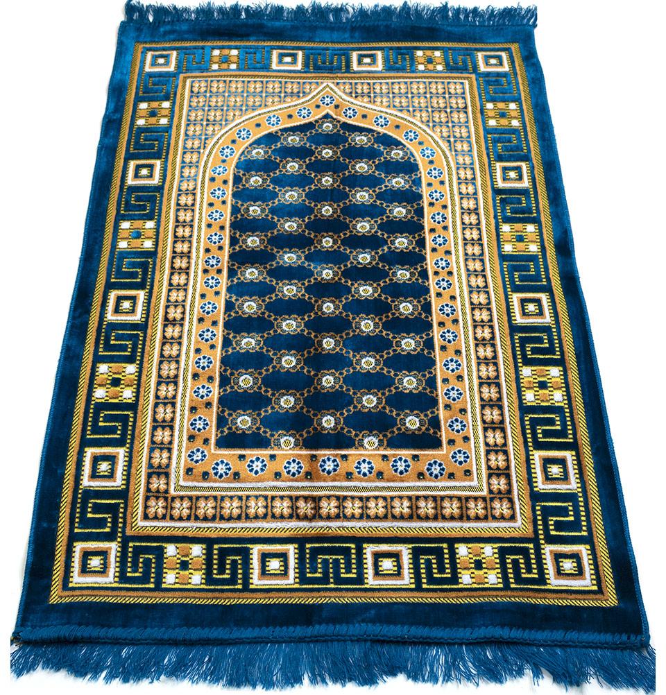 Modefa Prayer Rug Blue Velvet Islamic Prayer Rug Lattice - Blue / Orange