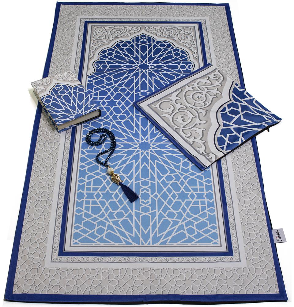 Luxury Islamic Quran & Prayer Rug 4 Piece Gift Set - Blue/White