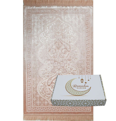 Modefa Prayer Rug Blush Pink Luxury Velvet Islamic Prayer Rug Gift Box Set with Prayer Beads - Blush Pink