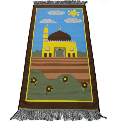 Modefa Prayer Rug Brown/Blue Child Size Islamic Prayer Rug | Floral Masjid - Brown & Blue