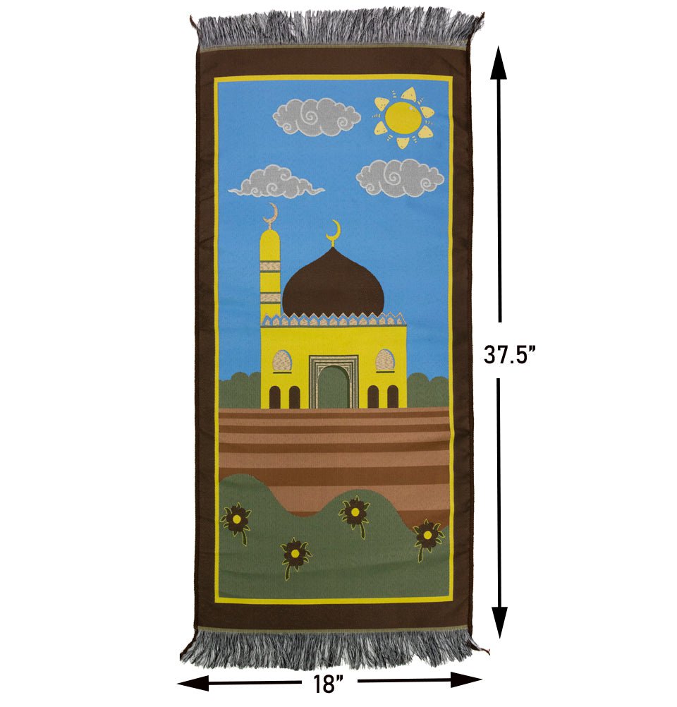 Modefa Prayer Rug Brown/Blue Child Size Islamic Prayer Rug | Floral Masjid - Brown & Blue