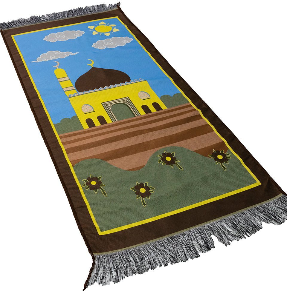 Modefa Prayer Rug Brown/Blue Child Size Islamic Prayer Rug | Floral Masjid - Brown & Blue