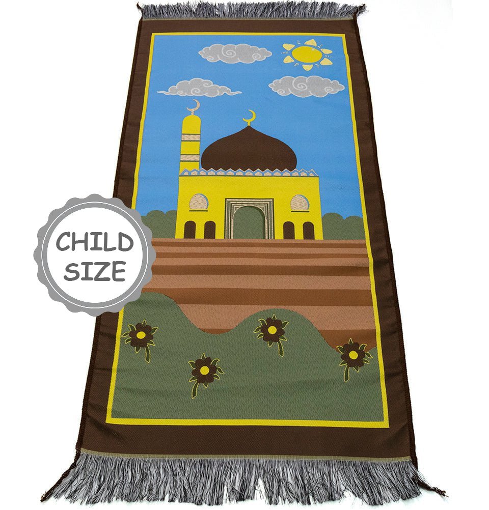 Modefa Prayer Rug Brown/Blue Child Size Islamic Prayer Rug | Floral Masjid - Brown & Blue