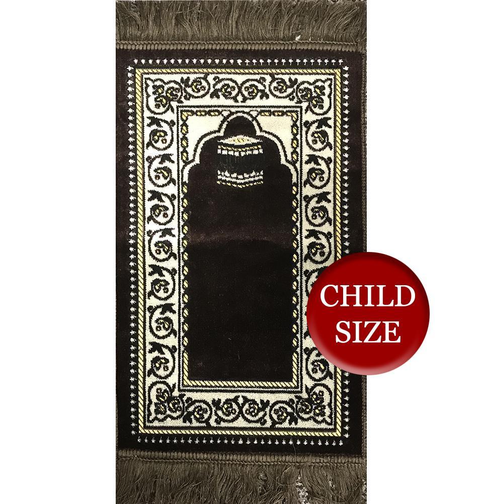 Child Velvet Islamic Prayer Rug - Brown with Kaba