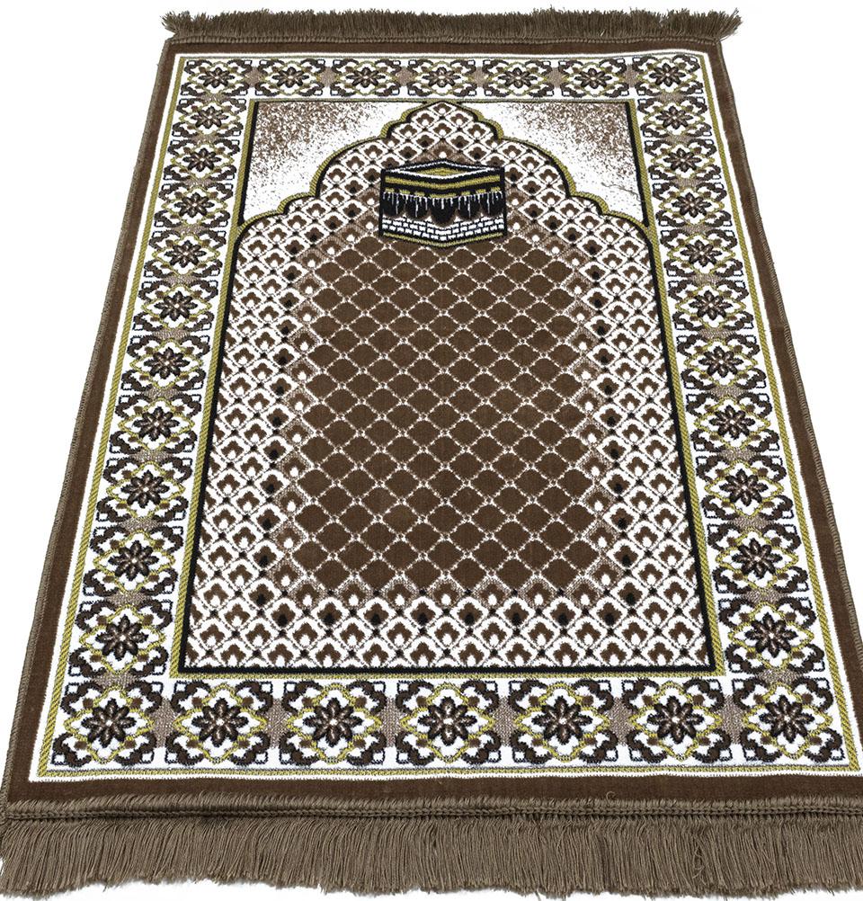Modefa Prayer Rug Brown Velvet Geometric Lattice Kaba Islamic Prayer Rug - Brown