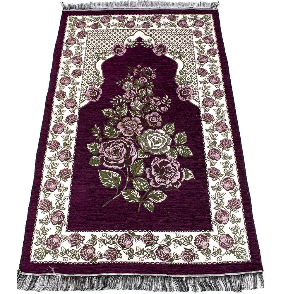 Chenille Embroidered Floral Rose Islamic Prayer Mat - Burgundy #2