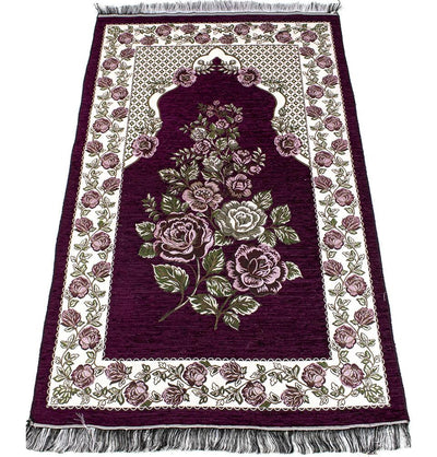 Chenille Embroidered Floral Rose Islamic Prayer Mat - Burgundy #2