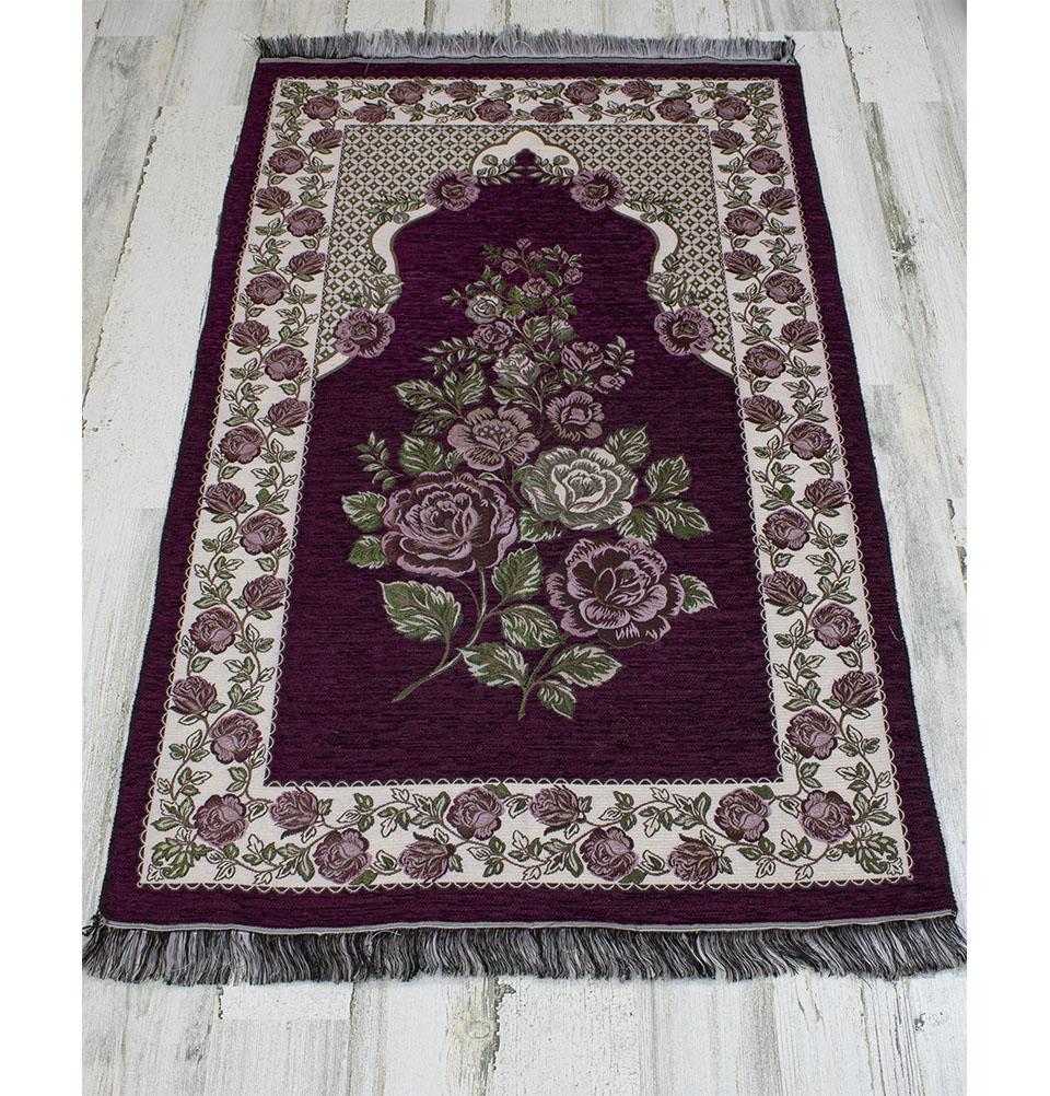 Chenille Embroidered Floral Rose Islamic Prayer Mat - Burgundy #2