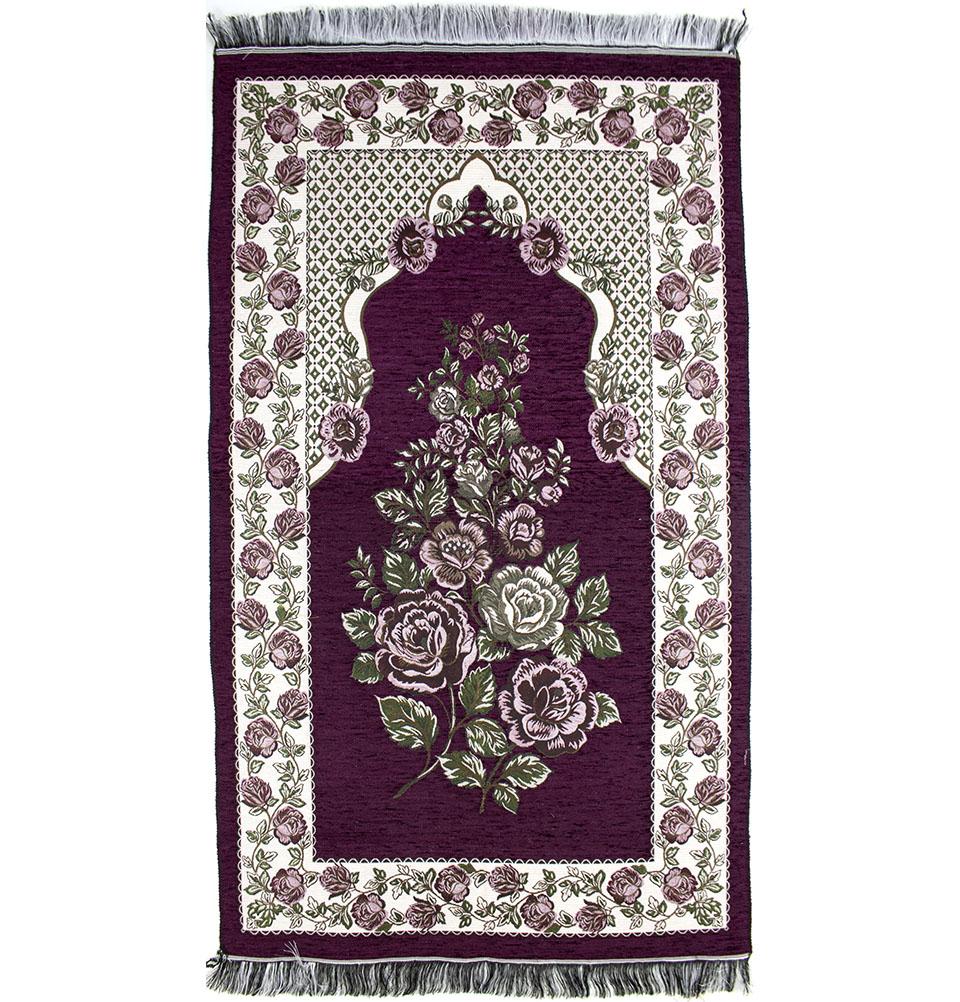 Chenille Embroidered Floral Rose Islamic Prayer Mat - Burgundy #2