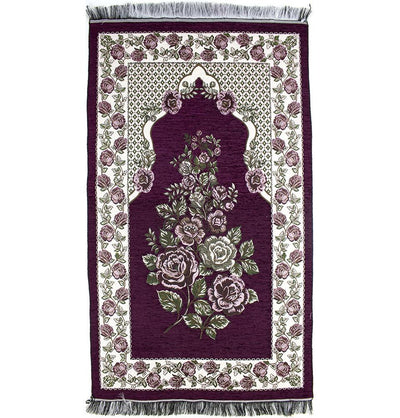 Chenille Embroidered Floral Rose Islamic Prayer Mat - Burgundy #2