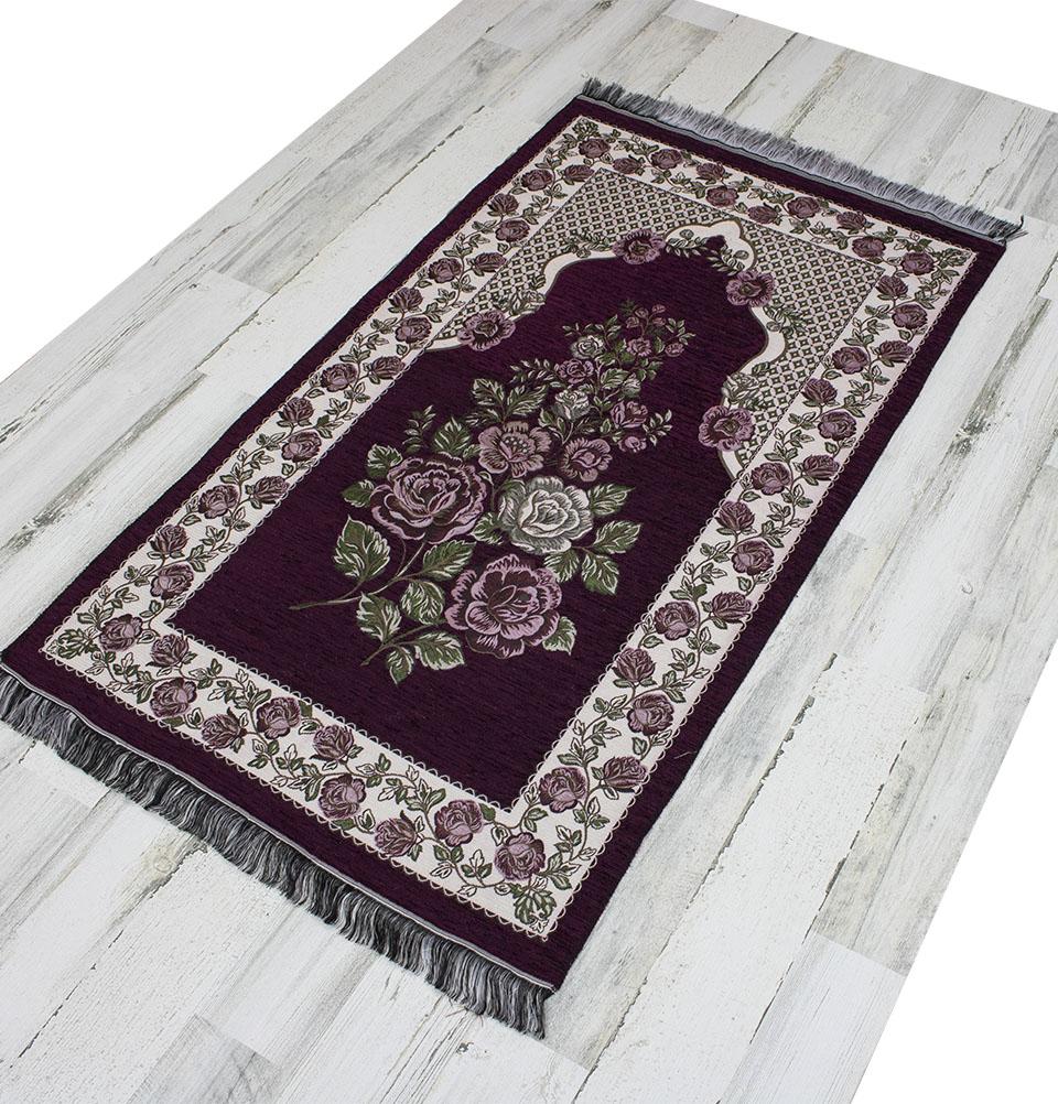 Chenille Embroidered Floral Rose Islamic Prayer Mat - Burgundy #2