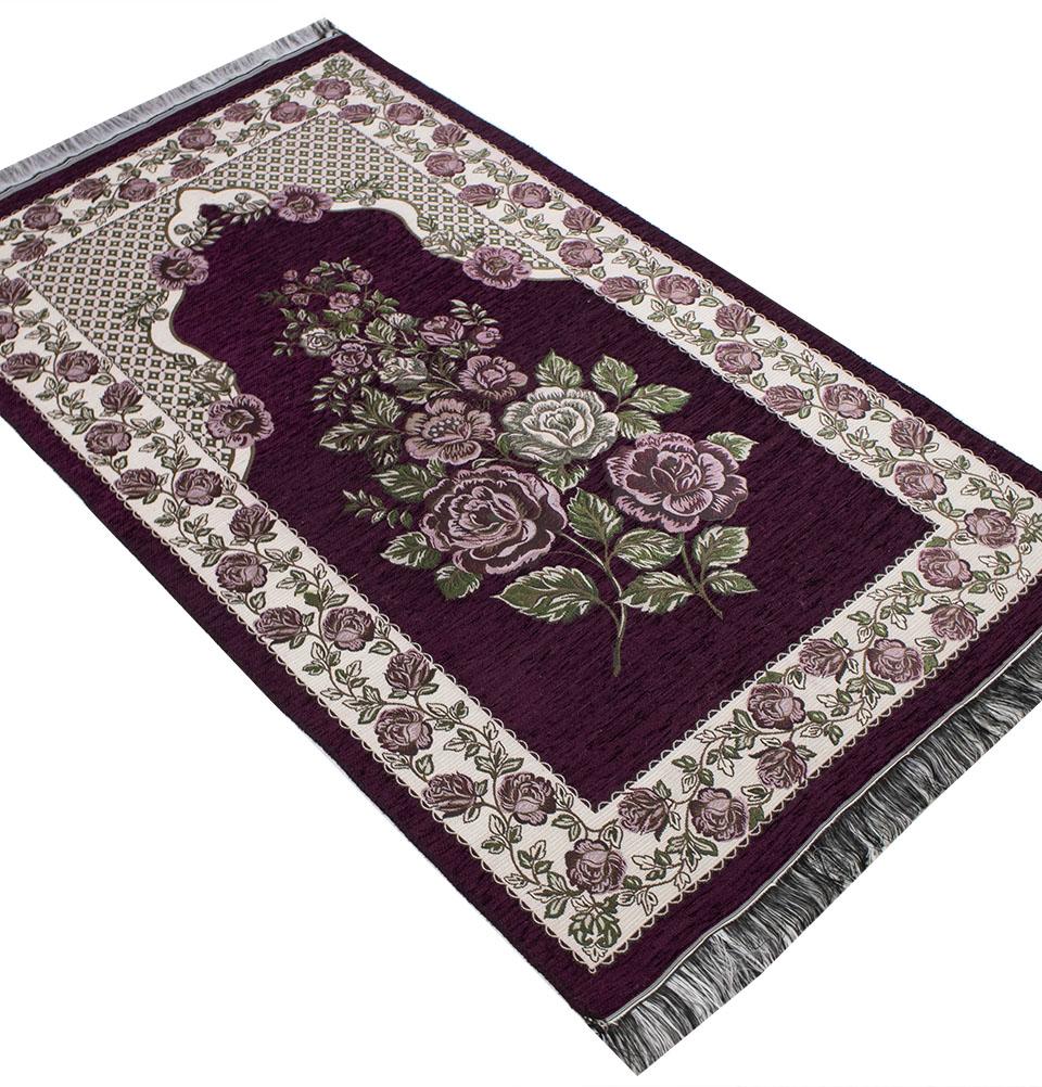 Chenille Embroidered Floral Rose Islamic Prayer Mat - Burgundy #2