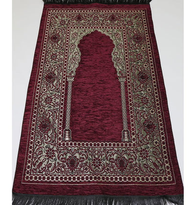 Modefa Prayer Rug Burgundy Embroidered Islamic Prayer Mat Gift Box Set with Prayer Beads - Burgundy