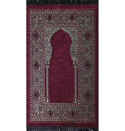 Modefa Prayer Rug Burgundy Embroidered Islamic Prayer Mat Gift Box Set with Prayer Beads - Burgundy