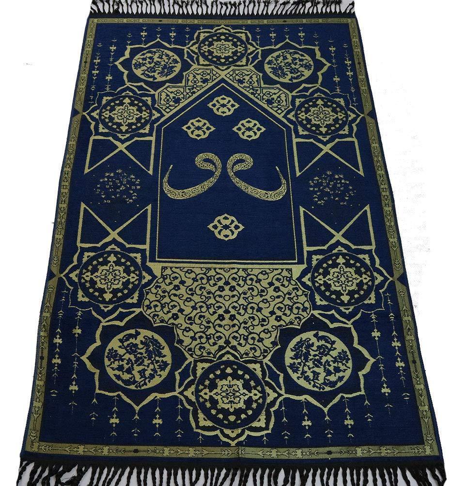 Modefa Prayer Rug Chenille Arabesque Waw Islamic Prayer Mat - Navy Blue