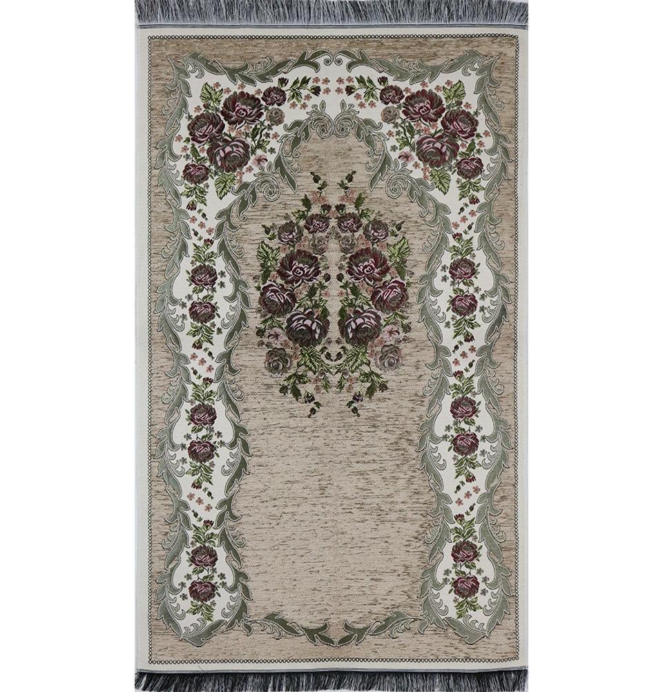 Chenille Embroidered Floral Rose Islamic Prayer Mat - Beige