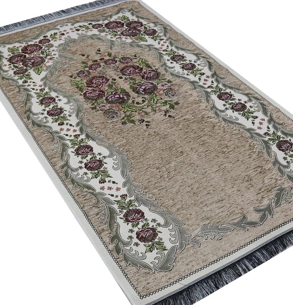 Chenille Embroidered Floral Rose Islamic Prayer Mat - Beige