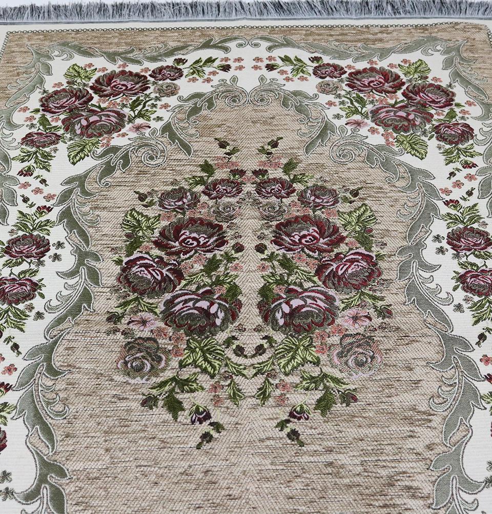 Chenille Embroidered Floral Rose Islamic Prayer Mat - Beige