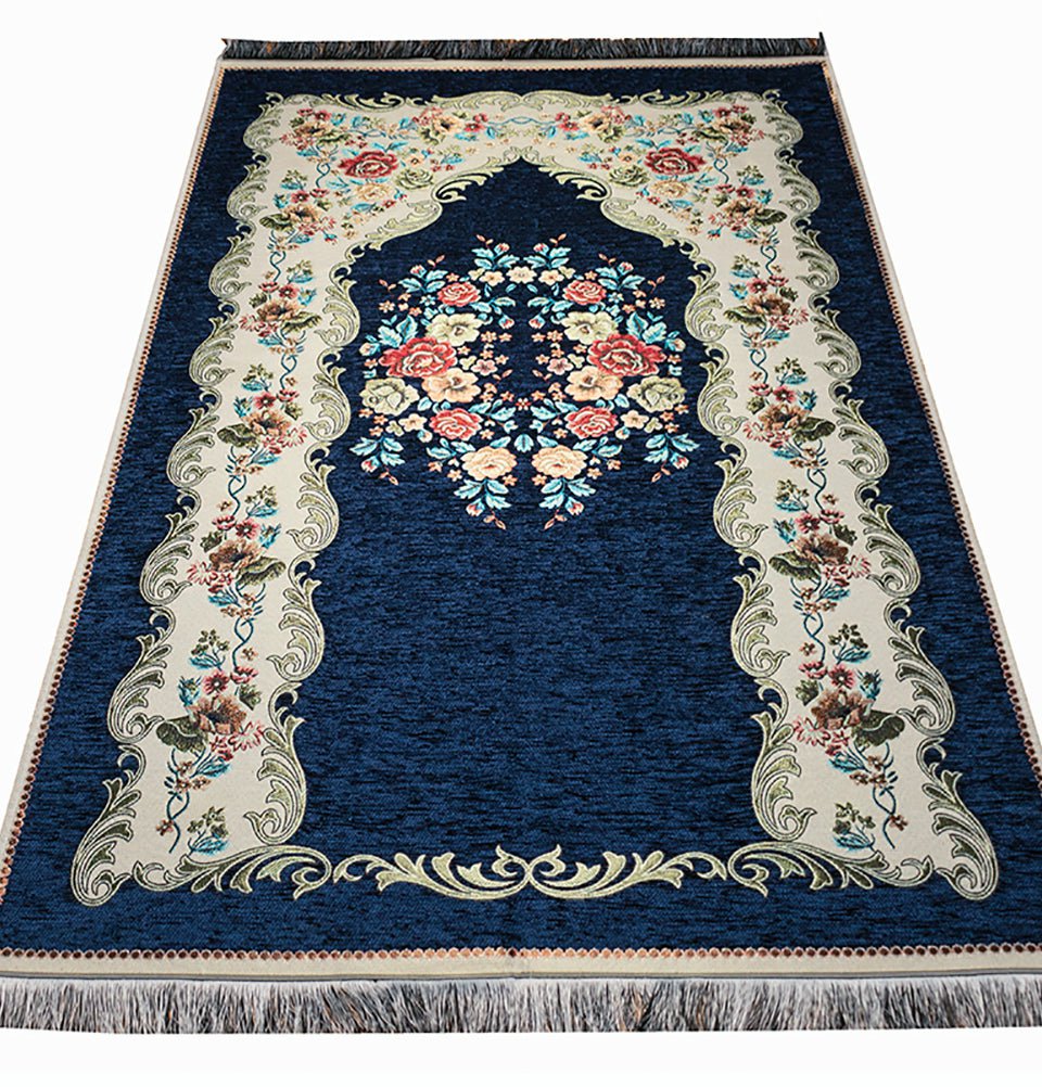 Chenille Embroidered Floral Rose Islamic Prayer Mat - Blue