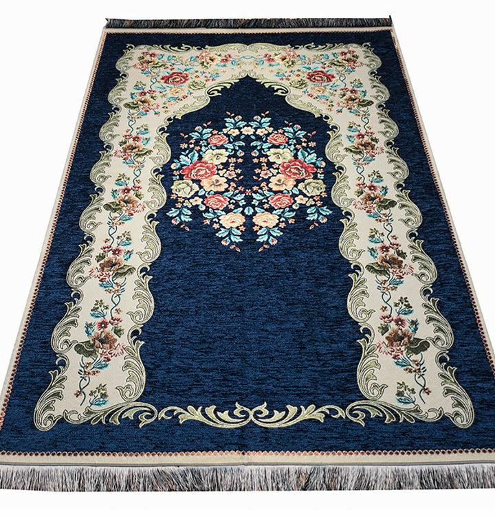 Chenille Embroidered Floral Rose Islamic Prayer Mat - Blue