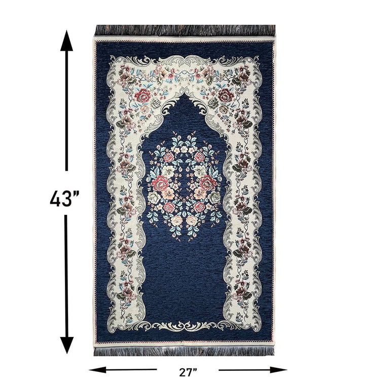 Chenille Embroidered Floral Rose Islamic Prayer Mat - Blue