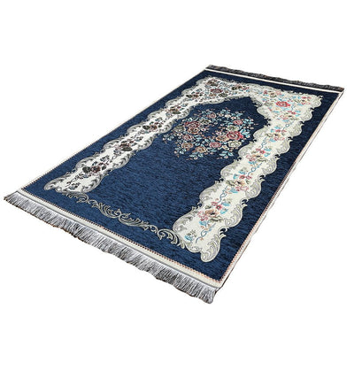 Modefa Prayer Rug Chenille Embroidered Floral Rose Islamic Prayer Mat - Blue